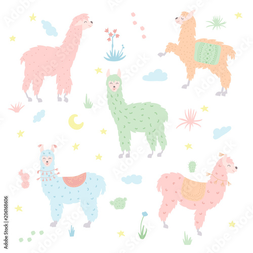 Vector set of llamas in pastel