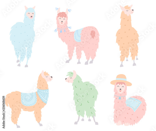 Vector set of llamas in pastel