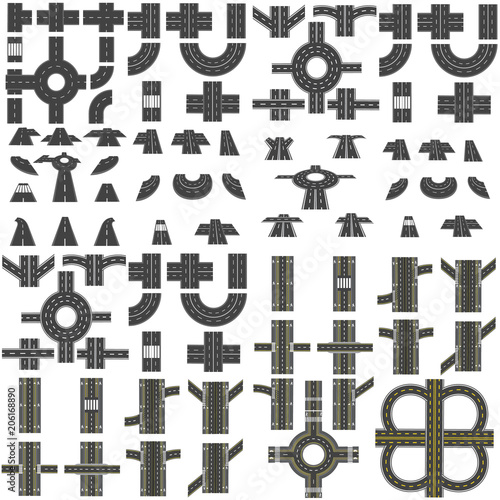 A set of road sections, circular interchanges, various intersections. Top view and perspective. illustration