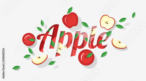 Word apple design decorated with red apple fruits and leaves in paper art style   vector   illustration