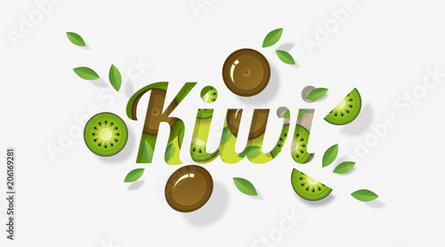 Word kiwi design decorated with kiwi fruits and leaves in paper art style , vector , illustration