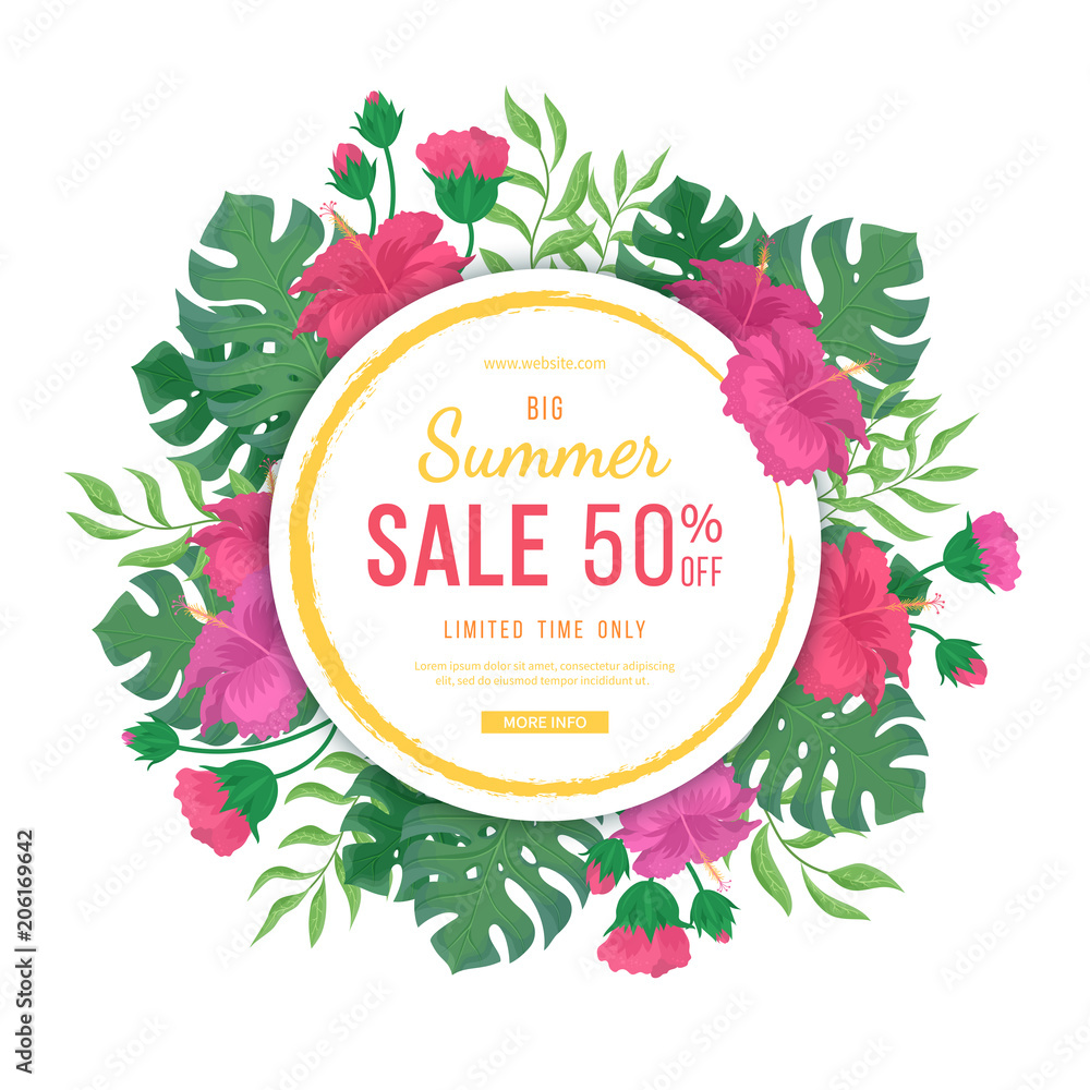 Big summer sale banner with round frame. Flowers and buds of hibiscus, leaves monstera and palm. Tropical exotic template poster design for print or web. Vector discount background. 