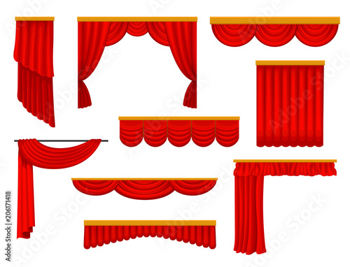 Flat vector set of various curtains and pelmets for theater or circus stage. Decorative elements for website, promo poster or flyer