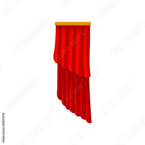 Red velvet curtains for theater or opera house stage. Theatrical drapery. Decorative flat vector element for flyer, banner or poster