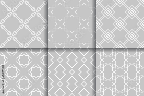 Geometric seamless gray patterns. Collection of backgrounds