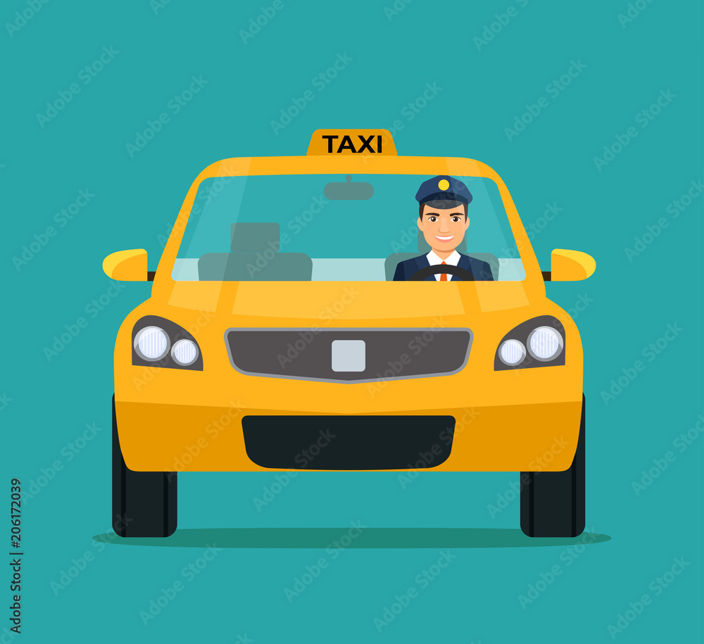 Taxi with Smiling driver in Windows. Taxi service.Vector flat style illustration