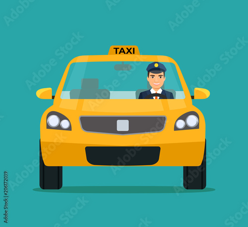 Taxi with Smiling driver in Windows. Taxi service.Vector flat style illustration