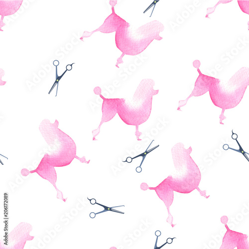 Pet shop and pet grooming seamless pattern with watercolor poodle and flat scissors. Vector illustration dog care template for interface ready to use.