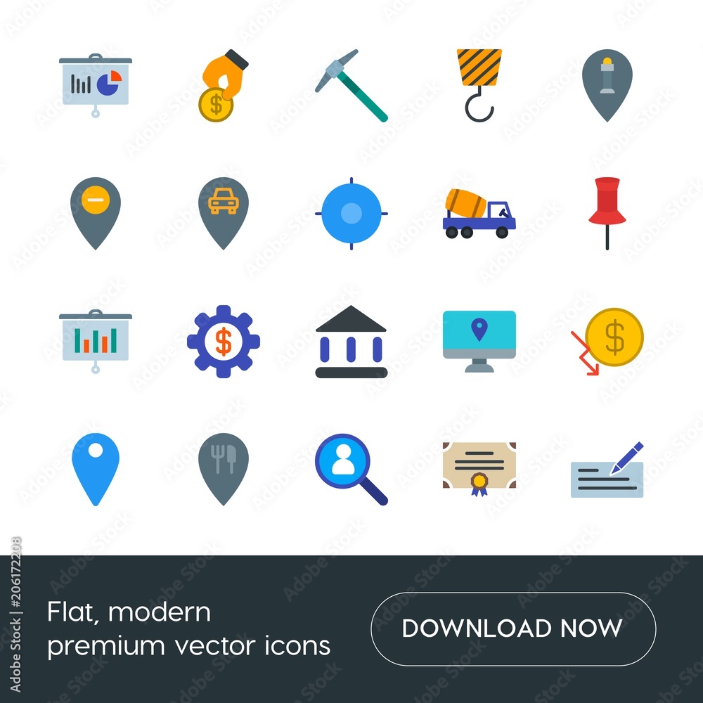 Modern Simple Set of business, industry, money, location Vector flat Icons. Contains such Icons as  map,  business,  building,  data,  crane and more on white background. Fully Editable. Pixel Perfect