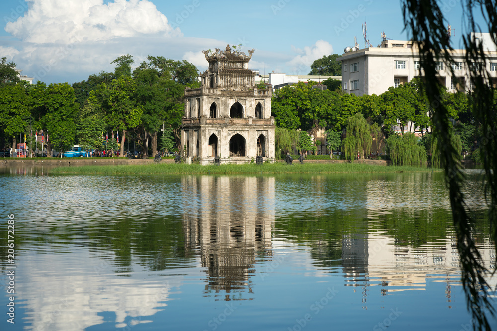 Turtle Tower (Thap Rua) in Hoan Kiem lake (Sword lake, Ho Guom) in Hanoi, Vietnam.