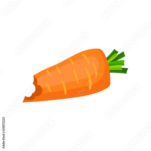 Bright orange bitten carrot. Natural and healthy vegetable. Vegetarian food. Flat vector element for poster or banner