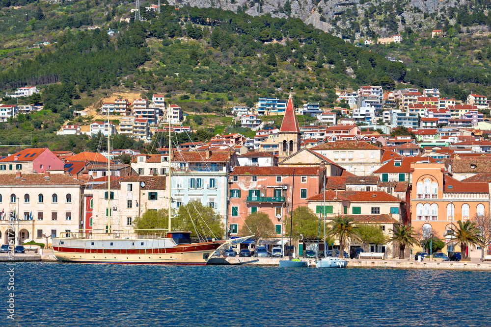 Makarska boats and waterfront under Biokovo mountain view