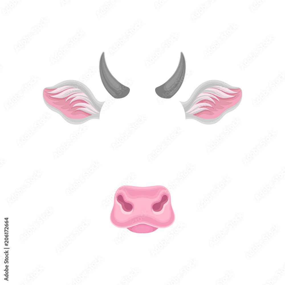Obraz premium Cow s face elements - ears, nose and horns. Carnival mask of domestic animal. Detailed flat vector design for sticker of mobile messenger
