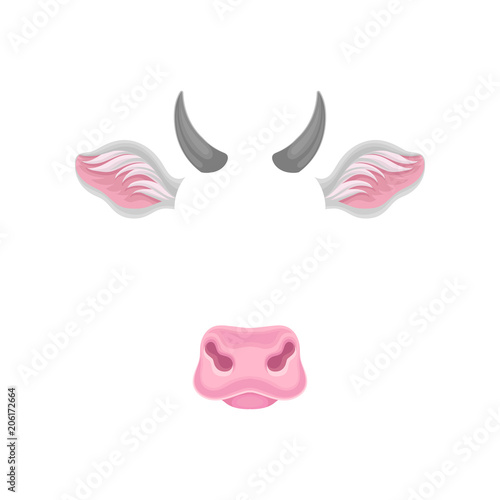 Cow s face elements - ears, nose and horns. Carnival mask of domestic animal. Detailed flat vector design for sticker of mobile messenger