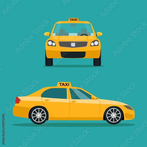 Taxi side and front view. Taxi service.Vector flat style illustration