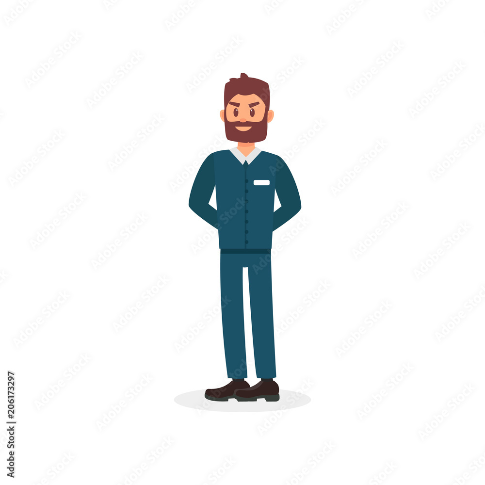 Hotel manager or receptionist. Full-length portrait of young clerk dressed in formal suit. Colorful flat vector design Hotel manager or receptionist. Full-length portrait of young clerk dressed in formal suit. Colorful flat vector design