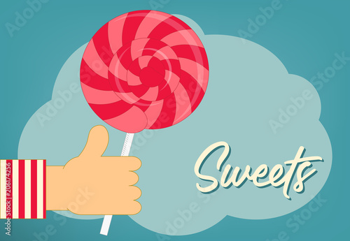 Hand holding big candy. Vector illustration.