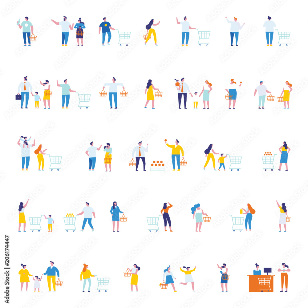 Different people shopping at mall or supermarket. Flat vector illustration. Different people shopping at mall or supermarket. Flat vector illustration.