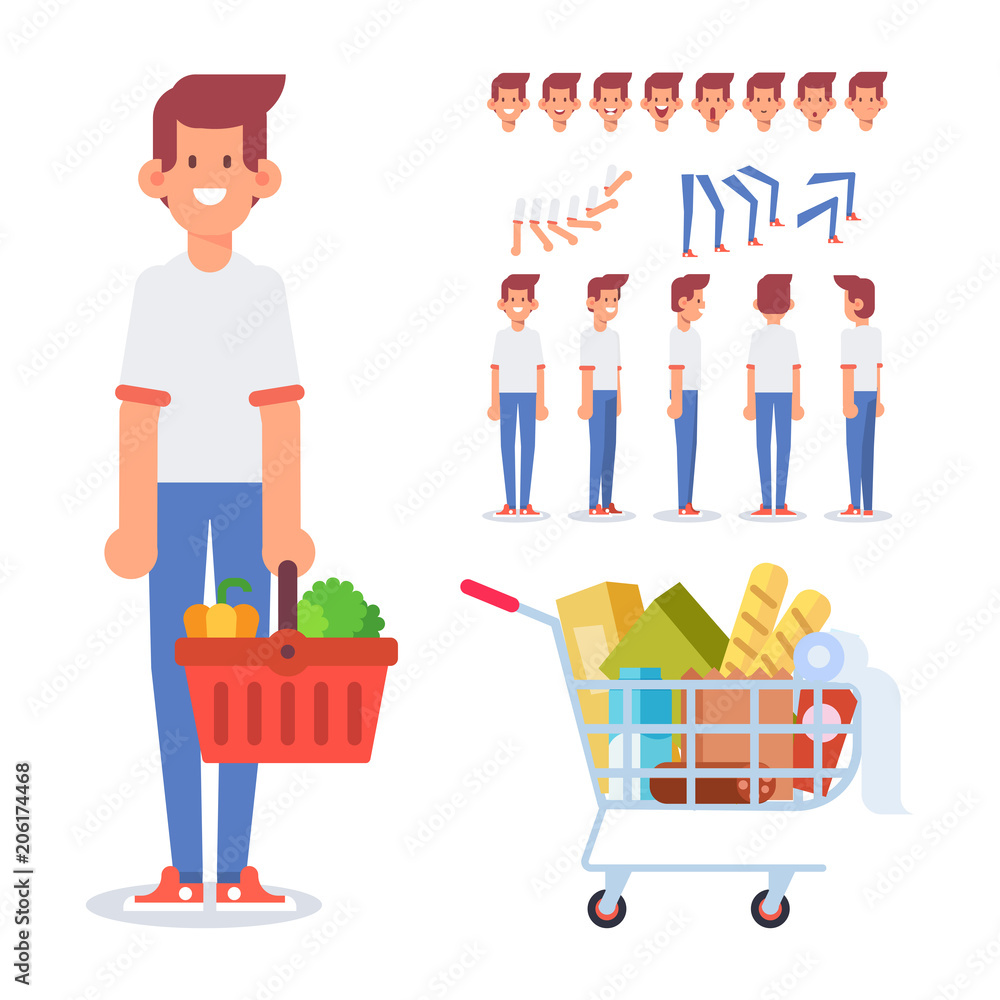 Man with shopping basket and shopping cart. Buyer in supermarket. Flat vector character set with different poses and emotions isolated on white. Man with shopping basket and shopping cart. Buyer in supermarket. Flat vector character set with different poses and emotions isolated on white.