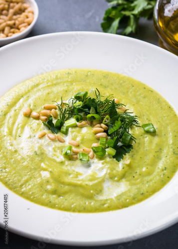 Zucchini Cream soup with herbs and cream.