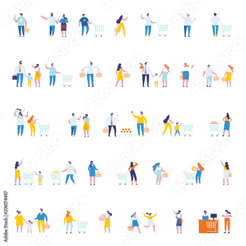 Different people shopping at mall or supermarket. Flat vector illustration.
