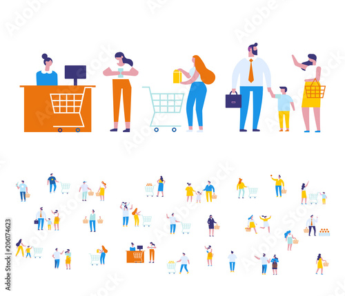 Different people shopping at mall or supermarket. Flat vector illustration.