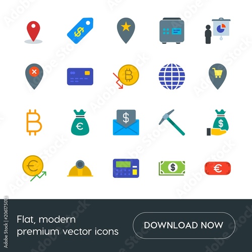 Modern Simple Set of business, industry, money, location Vector flat Icons. Contains such Icons as map, work,  blue,  star,  equipment, atm and more on white background. Fully Editable. Pixel Perfect