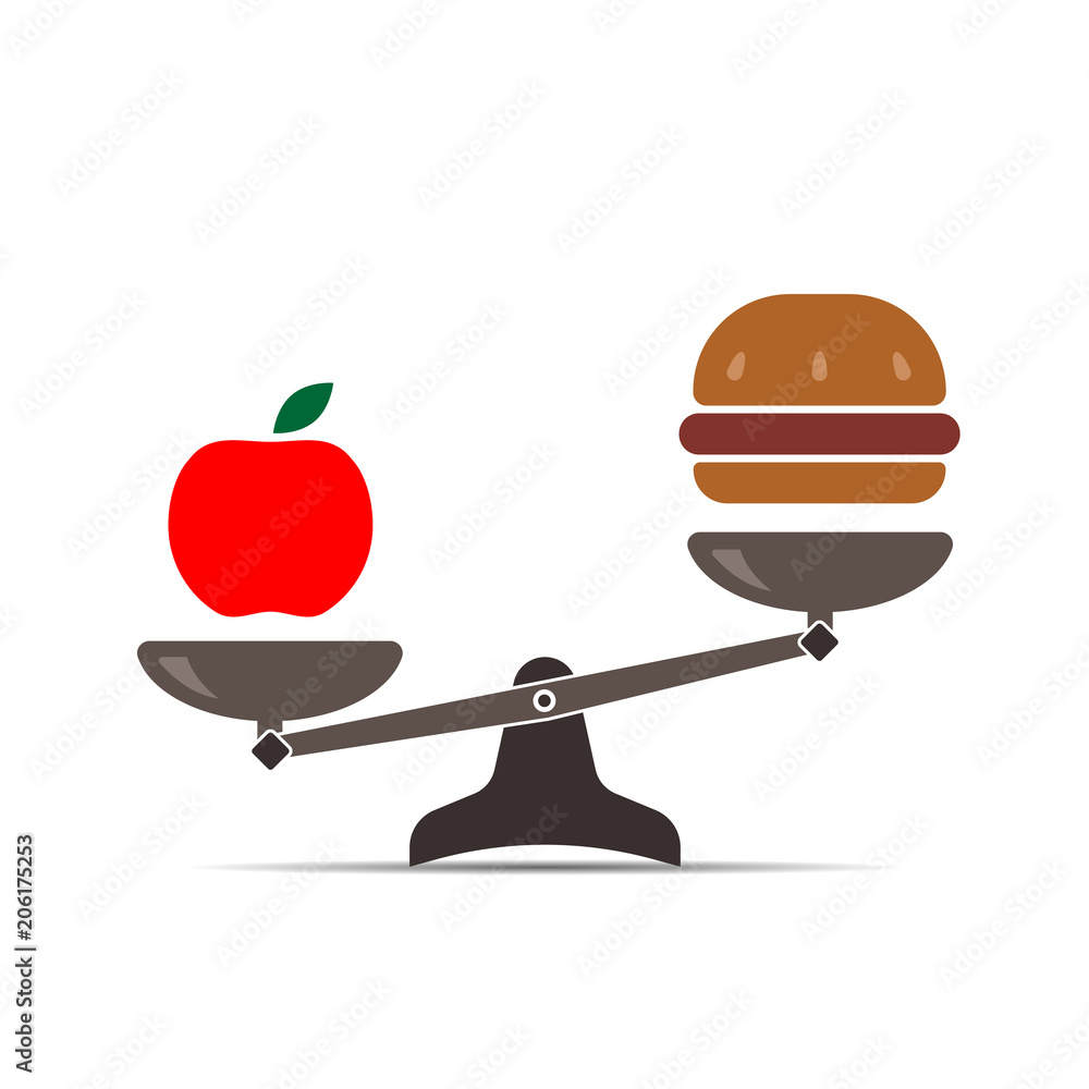 Hamburger and apple on scales. Balance between fast and healthy food. Diet,  nutrition, fitness and health concept. vector illustration. Stock Vector