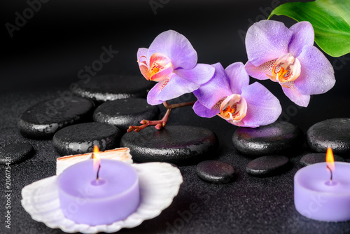 spa concept of black zen stones  lilac orchid  candles