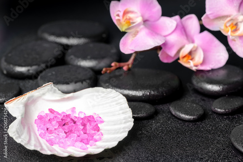 spa setting of zen stones, lilac orchid