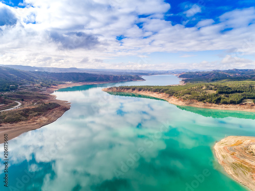 Aerial (drone) view of the "El Negratín" water reservoir, in Baza, Granada province, also known as "the interior sea". This is the third biggest water reservoir in Spain.