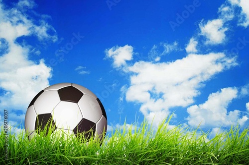 Soccer football ball on the sky background with copy space
