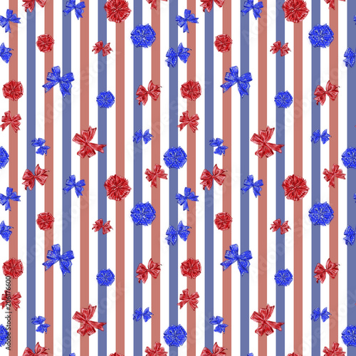 Patriotic Ribbons and Bowsw seamless Pattern. Red, White and Blue Stripes and Stars Rapport for Patriotic Background, Print, and Textile. 
