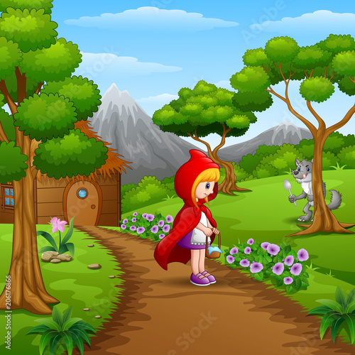 Red hooded girl are in the village at forest