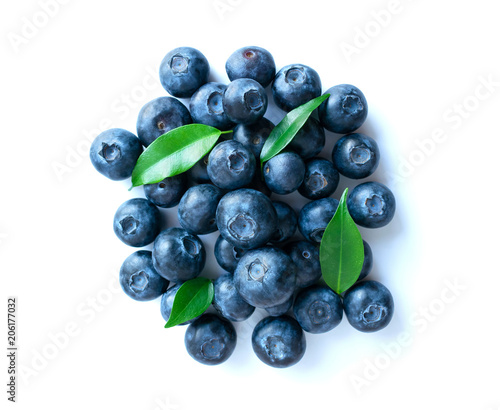 Blueberries with leaves isolated on white background. fresh bilberry closeup