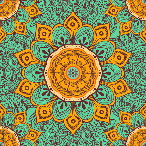 Flower mandala colorful background for cards, prints, textile and coloring books. Seamless pattern