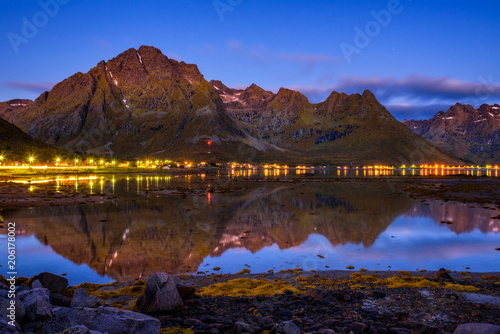 Evening at a fishing village on Lofoten islands in Norway 