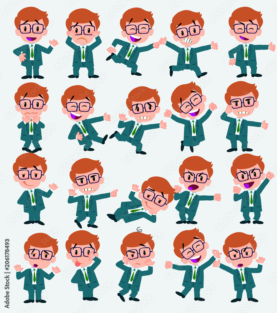 Cartoon character businessman with glasses. Set with different postures, attitudes and poses, doing different activities in isolated vector illustrations. Cartoon character businessman with glasses. Set with different postures, attitudes and poses, doing different activities in isolated vector illustrations.