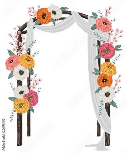 Beautiful wedding arch with  ranunculus and anemone flowers, spiral eucalyptus and alstroemeria. Vintage floral design. Vector illustration in watercolor style 