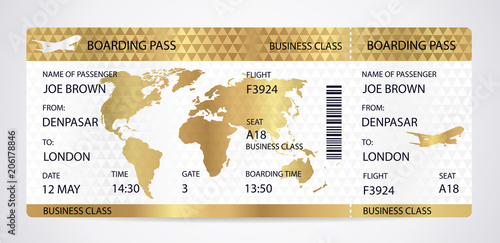 Golden Boarding pass (ticket, traveler check template) with aircraft (airplane or plane) silhouette on gold guilloche background. Travel by Aerial Transport. Enjoy your vacation. Isolated vector
