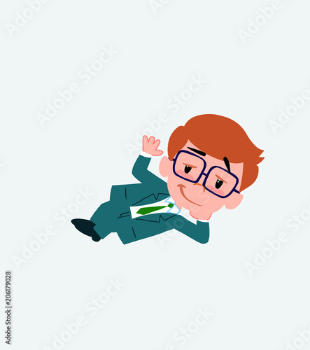 Businessman with glasses lying, greets with a dreamy expression.