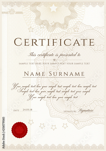 Certificate, Diploma of completion (design template, white background) with Frame, Border, light Guilloche pattern (watermark) and red emblem