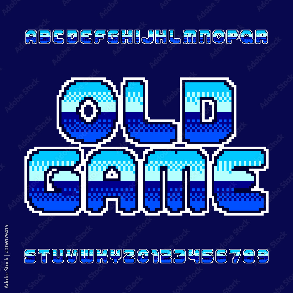 Old game alphabet font. Pixel gradient letters and numbers. Retro 80's arcade game typeface.