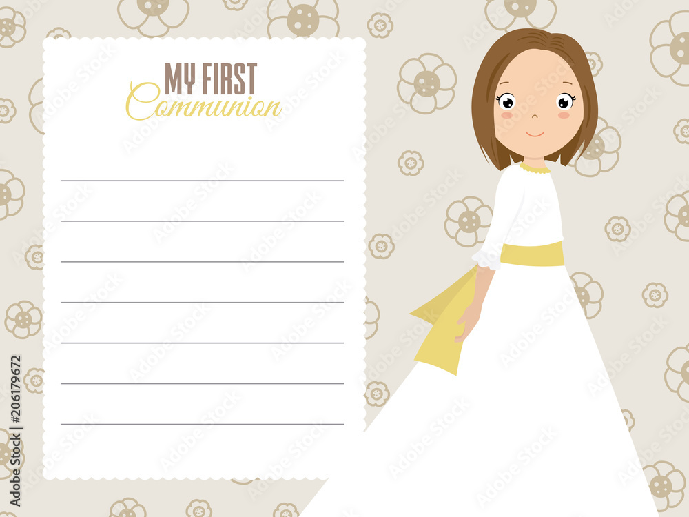 my first communion girl. Girl with beautiful dress and floral background. space for text my first communion girl. Girl with beautiful dress and floral background. space for text