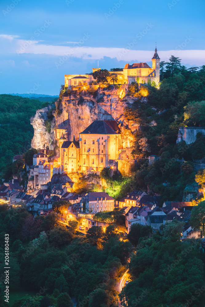 Night view of the village of Rocamadour in Lot department in France. 
