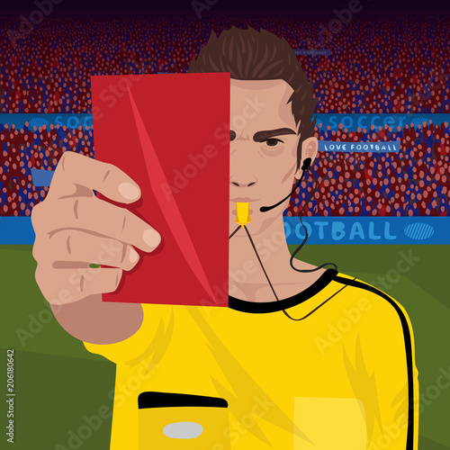 Close up of soccer referee whistling and holding red card. Football field and spectators area on background. Removal player concept. Realistic cartoon style