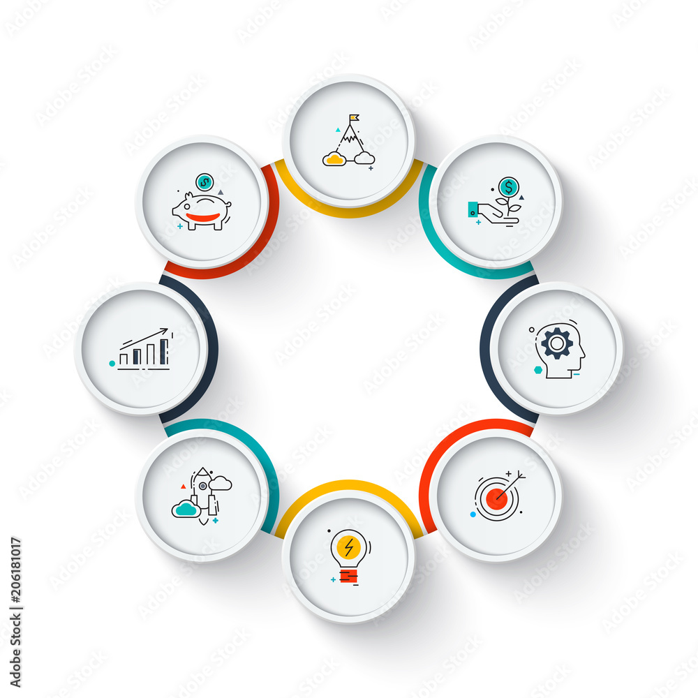Business data visualization. Circle elements of cycle diagram with 8 steps, options, parts or processes. Vector business template for presentation. Creative concept for infographic. Process chart. Business data visualization. Circle elements of cycle diagram with 8 steps, options, parts or processes. Vector business template for presentation. Creative concept for infographic. Process chart.