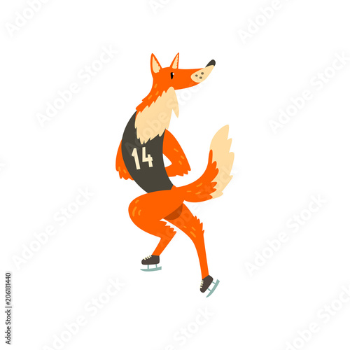 Red fox skating on ice, funny sportive wild animal character doing sports vector Illustration on a white background