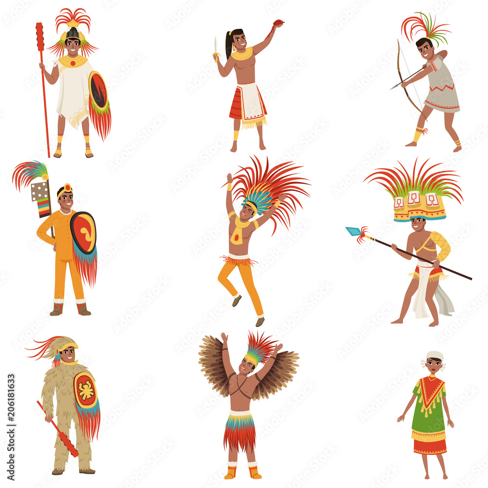 Aztec warriors set, men in traditional clothes and headgear with weapon ...