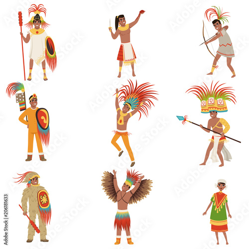 Aztec warriors set, men in traditional clothes and headgear with weapon vector Illustrations on a white background